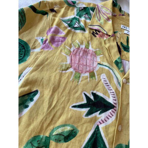 Zara Mens Yellow Hawaiian Shirt Art-Inspired Print Regular Fit Linen Medium - Picture 7 of 7